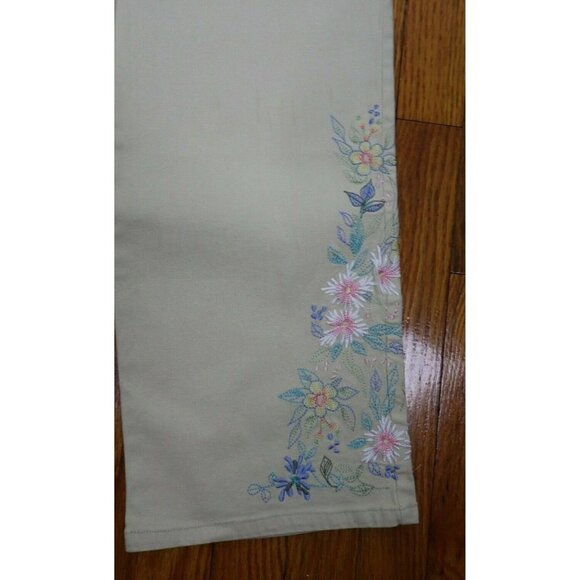 WOMEN'S KHAKI COLORED JEANS - FLORAL EMBROIDERY - DENIM & CO - SIZE PM - Picture 3 of 7